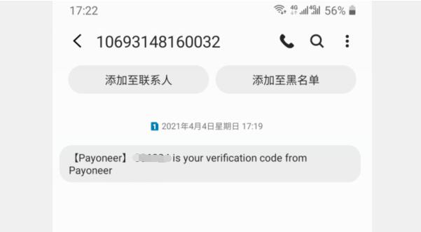 Payoneer 派安盈 验证码 Verification code